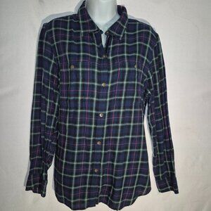 Chaps stylish flannel button front shirt, blue-purple-green checkered in size XL